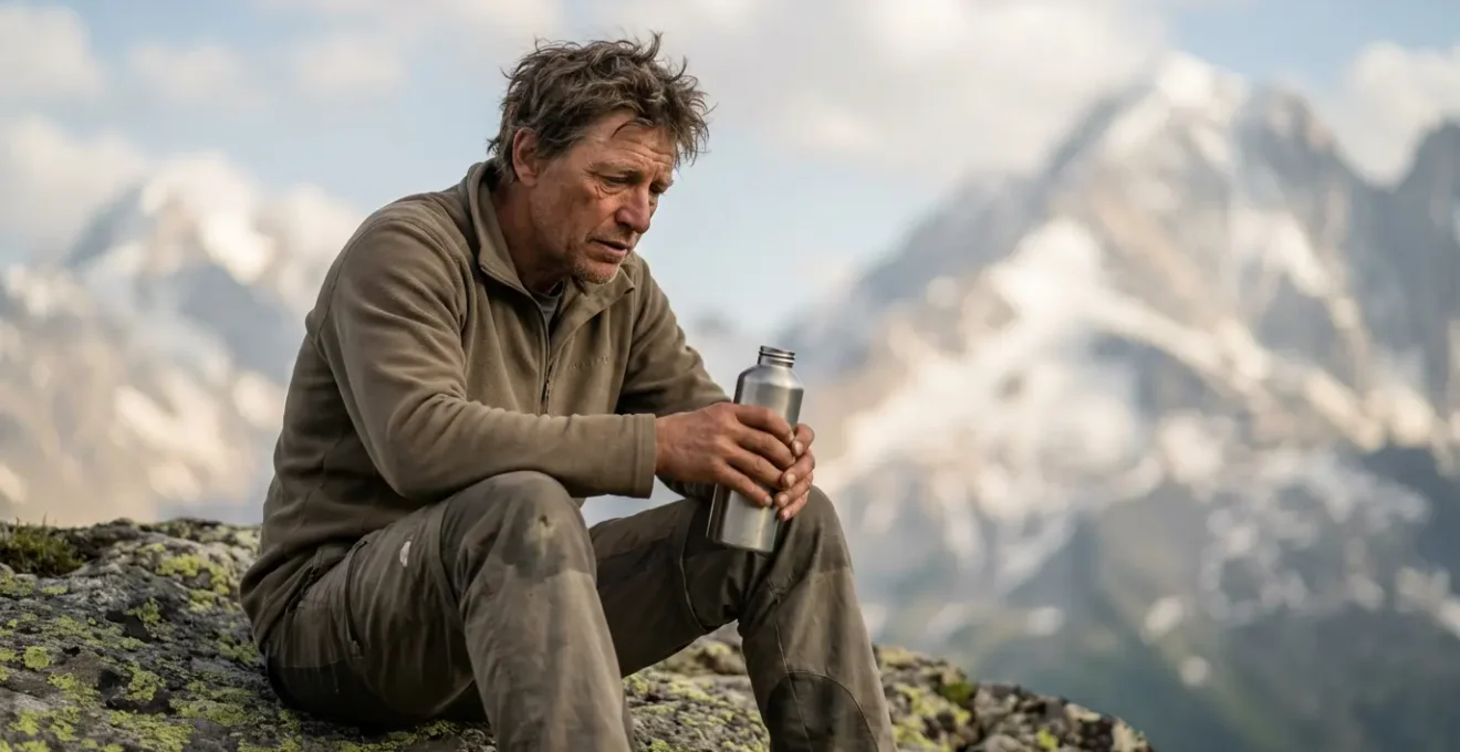 Randonneur faisant une pause d'hydratation en haute montagne
