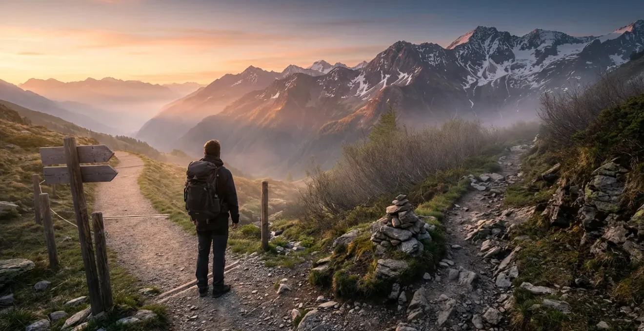 Randonneur contemplant deux sentiers divergents en montagne au lever du soleil