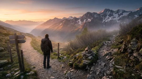 Randonneur contemplant deux sentiers divergents en montagne au lever du soleil