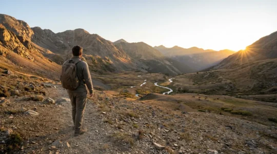 Randonneur devant un panneau de réglementation dans un parc national français