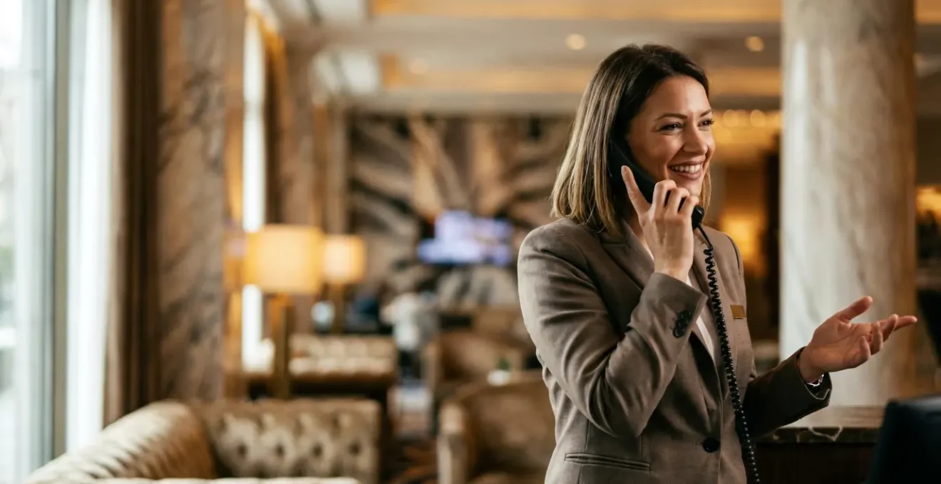 Réceptionniste d'hôtel souriant en conversation téléphonique dans un hall élégant