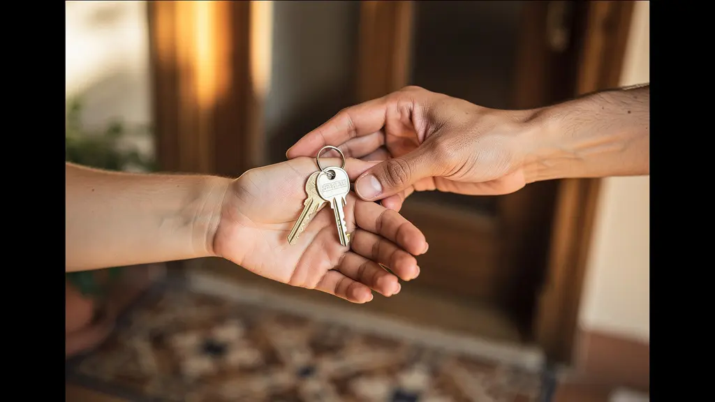 Échange de clés en main propre dans l'entrée chaleureuse d'un appartement