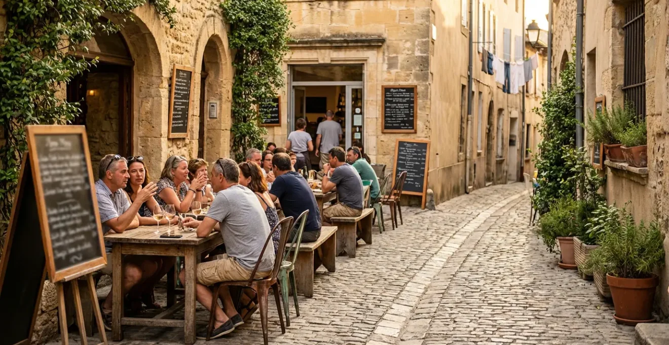 Vue d'une terrasse de restaurant local authentique avec des habitants attablés dans une rue pittoresque