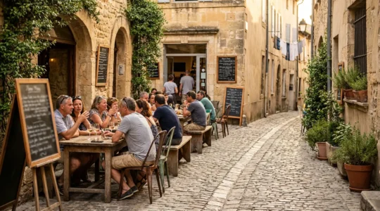 Vue d'une terrasse de restaurant local authentique avec des habitants attablés dans une rue pittoresque