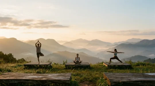Personnes pratiquant le yoga dans un environnement naturel paisible au lever du soleil