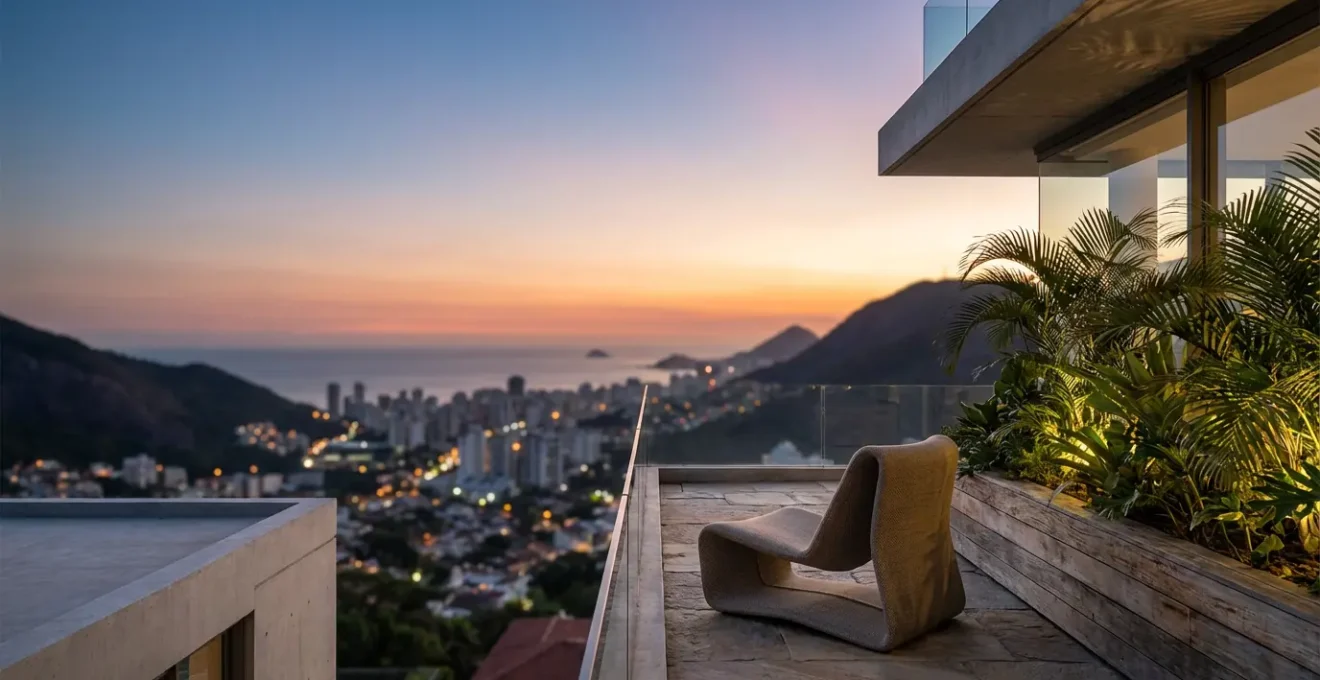 Vue panoramique d'une terrasse tropicale surplombant des palmiers et une ville lointaine au coucher du soleil