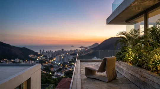 Vue panoramique d'une terrasse tropicale surplombant des palmiers et une ville lointaine au coucher du soleil