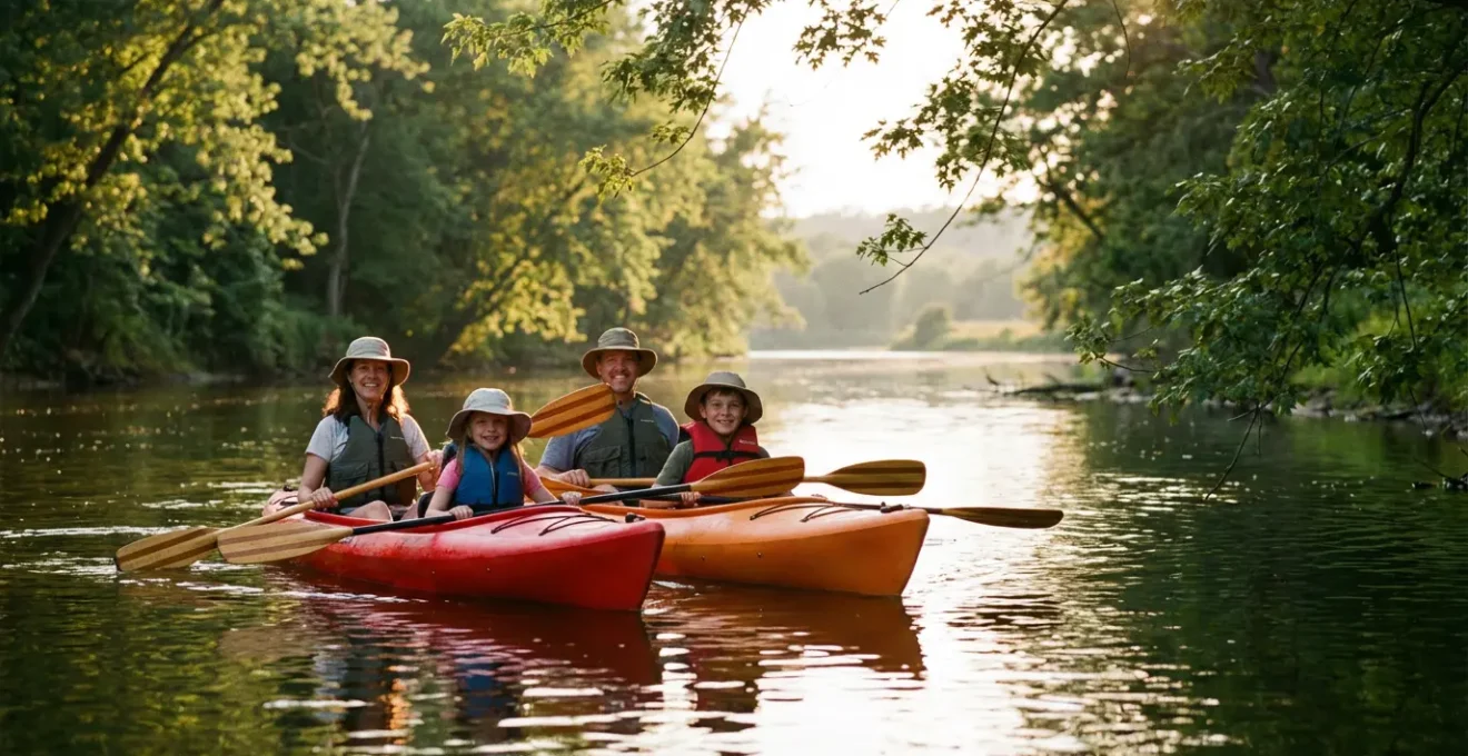 Famille en kayak naviguant paisiblement sur une rivière calme entourée de verdure