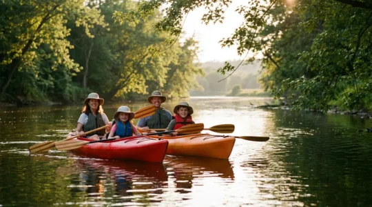 Famille en kayak naviguant paisiblement sur une rivière calme entourée de verdure