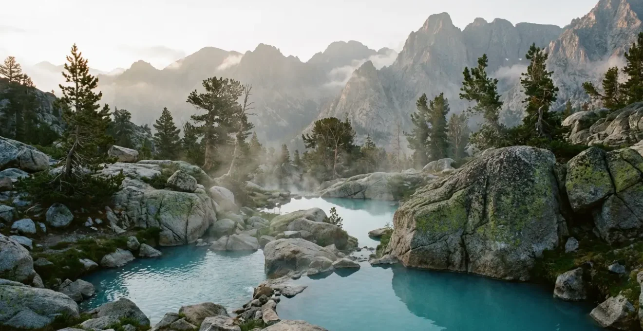 Vue panoramique de bassins naturels d'eau chaude fumante entourés de roches dans un cadre montagnard sauvage