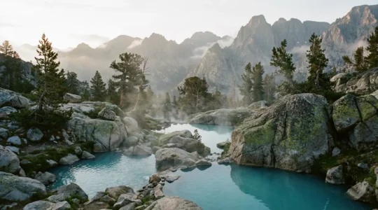 Vue panoramique de bassins naturels d'eau chaude fumante entourés de roches dans un cadre montagnard sauvage