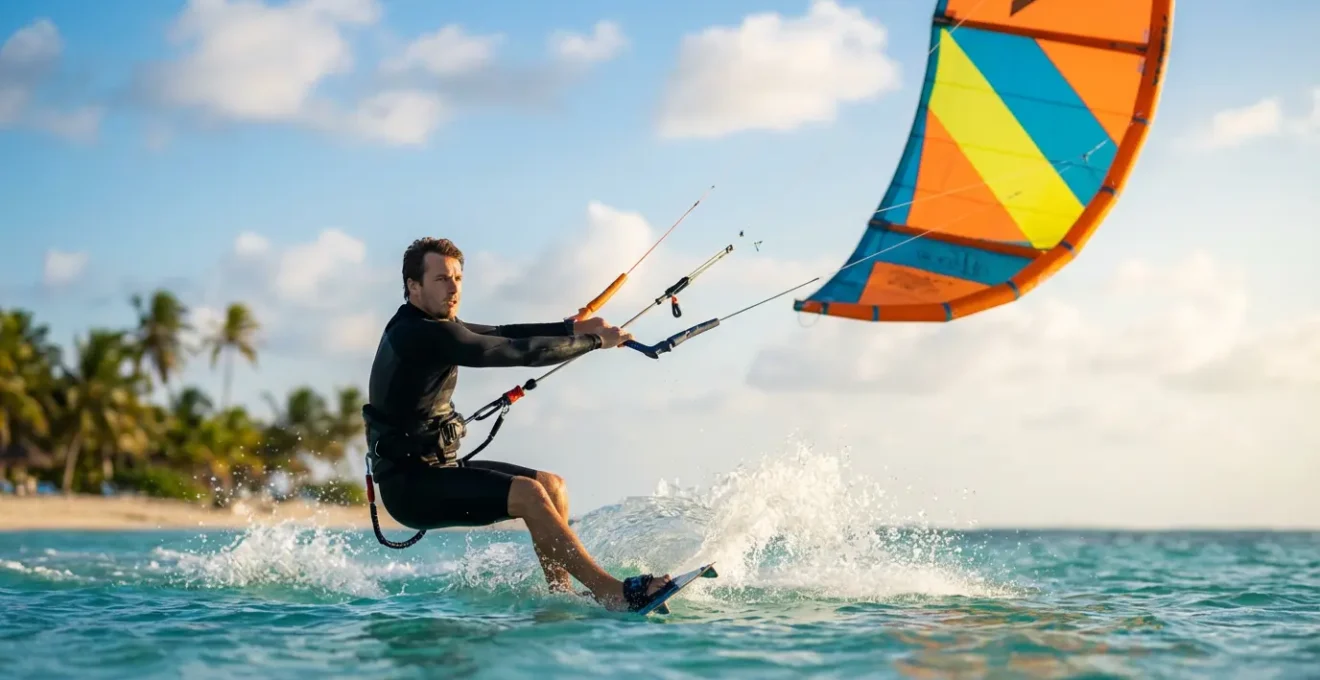Kitesurfeur débutant en position de waterstart dans une lagune aux eaux cristallines, aile colorée tendue dans le ciel azur