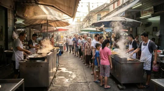 Scène animée d'un marché de street food asiatique avec files d'attente et vapeur s'élevant des stands