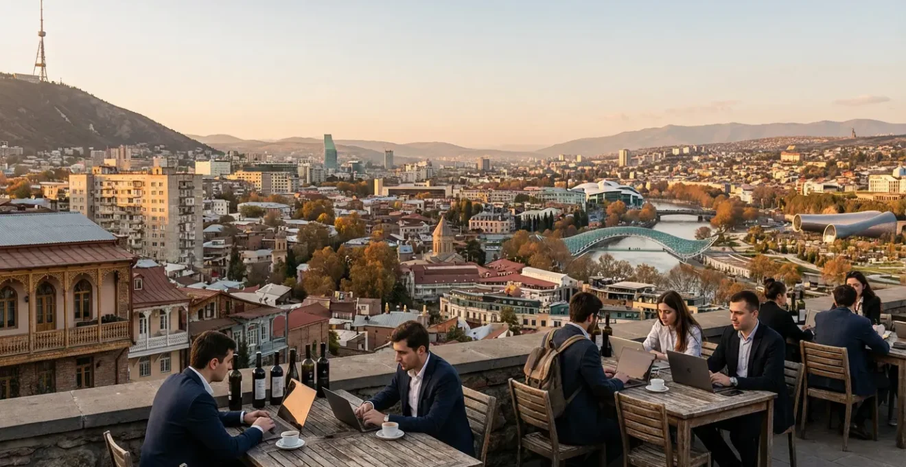 Vue panoramique de Tbilissi avec architecture contrastée entre moderne et ancien, digital nomads travaillant en terrasse