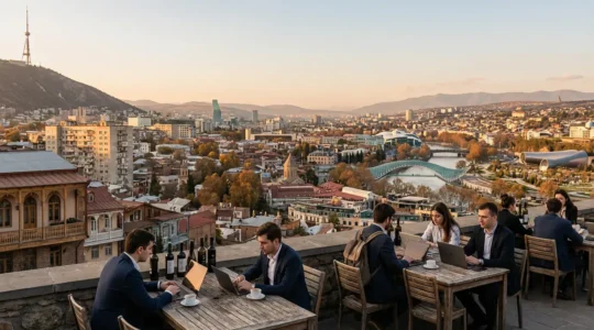 Vue panoramique de Tbilissi avec architecture contrastée entre moderne et ancien, digital nomads travaillant en terrasse