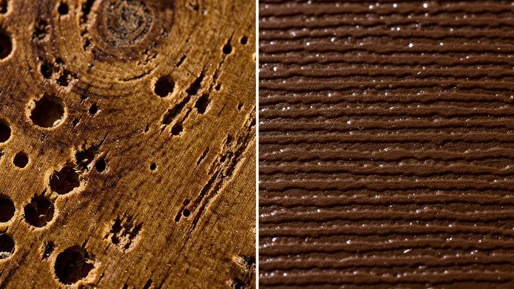 Gros plan macro sur les textures contrastées de bois véritable et d'imitation plastique