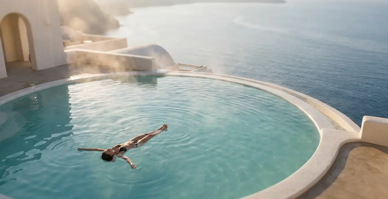 Vue panoramique d'un bassin de thalassothérapie en bord de mer avec une personne flottant dans l'eau turquoise, entourée de vapeurs marines et de lumière dorée