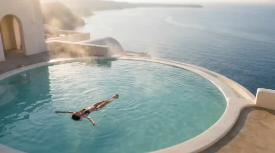Vue panoramique d'un bassin de thalassothérapie en bord de mer avec une personne flottant dans l'eau turquoise, entourée de vapeurs marines et de lumière dorée