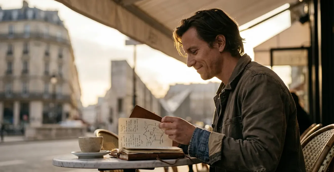 Voyageur contemplant sereinement un carnet de route dans un café parisien avec vue sur des monuments en arrière-plan