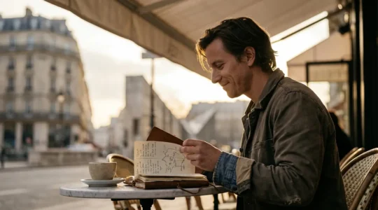 Voyageur contemplant sereinement un carnet de route dans un café parisien avec vue sur des monuments en arrière-plan