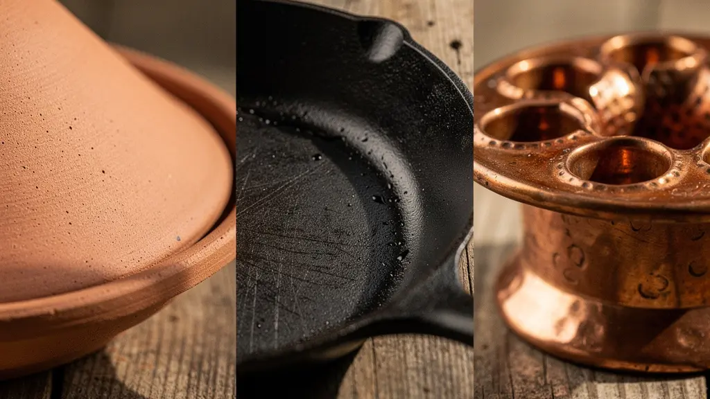 Gros plan sur trois ustensiles de cuisine traditionnels posés sur une surface en bois : un tajine en terre cuite, un wok en fonte et un moule à pâtes en cuivre, photographiés en lumière naturelle