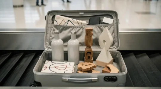 Valise ouverte avec différents souvenirs de voyage soigneusement disposés, dans un contexte d'aéroport
