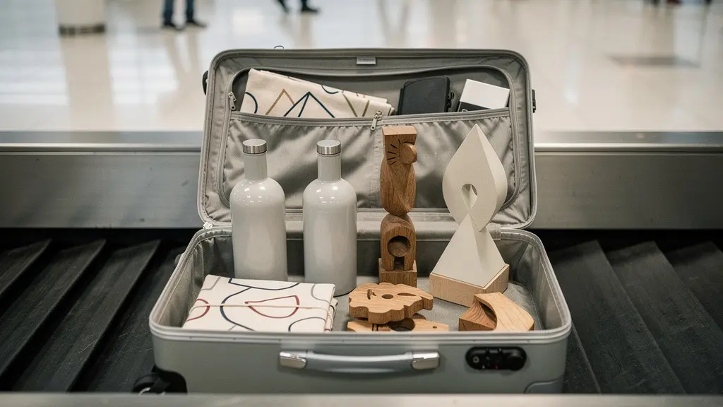 Valise ouverte avec différents souvenirs de voyage soigneusement disposés, dans un contexte d'aéroport