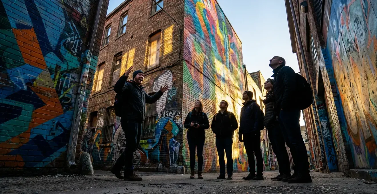 Guide passionné montrant une fresque murale colorée à un petit groupe captivé dans une ruelle urbaine