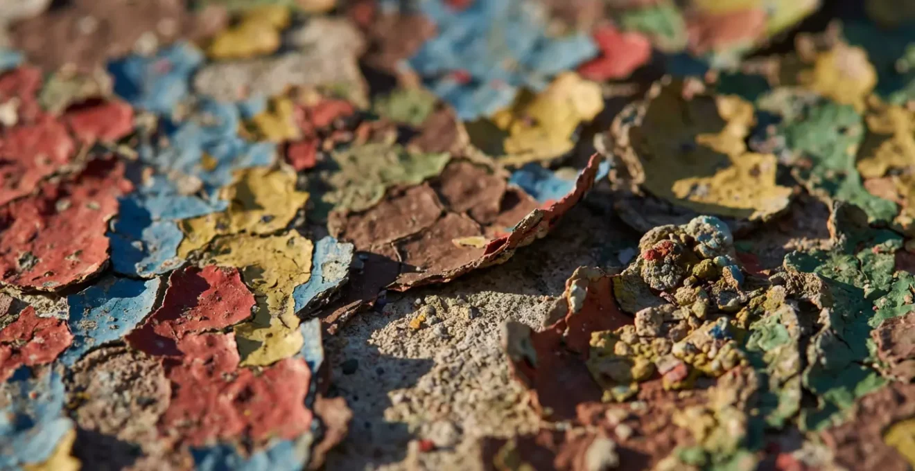 Détail macro d'une texture de mur urbain avec couches de peinture colorées