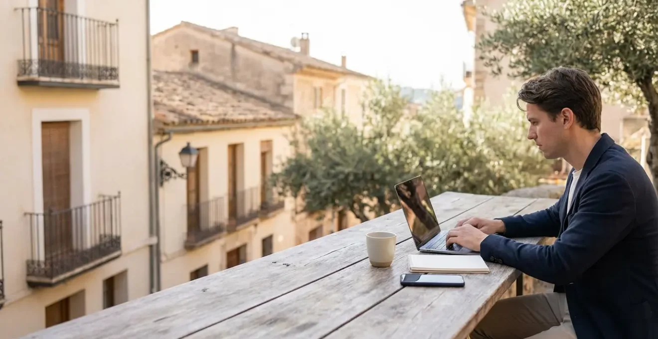 Digital nomade travaillant dans un café avec vue sur une ville européenne
