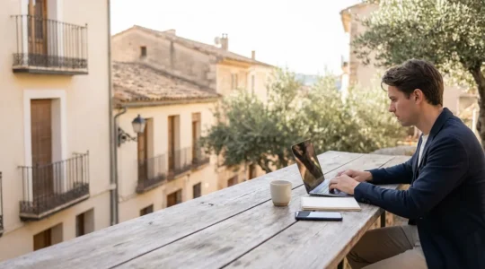 Digital nomade travaillant dans un café avec vue sur une ville européenne