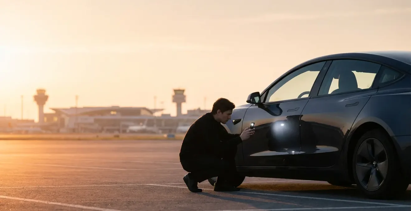 Inspection détaillée d'une voiture de location moderne sur un parking européen