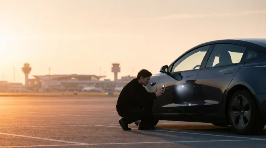 Inspection détaillée d'une voiture de location moderne sur un parking européen