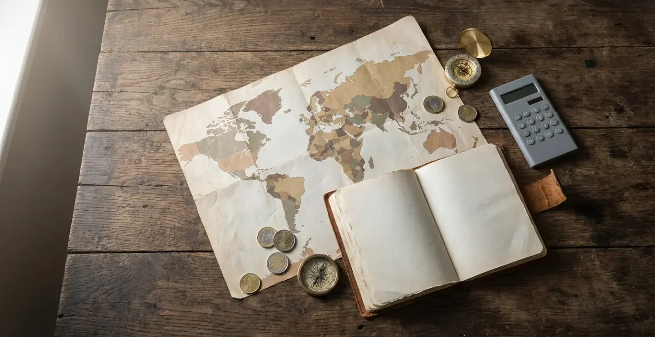 Planification d'un voyage de 7 jours avec budget de 500 euros : carte, calculatrice et guide de voyage sur table en bois