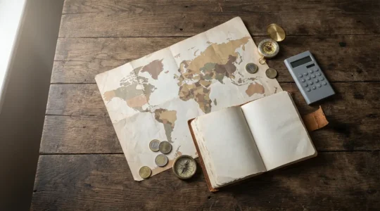 Planification d'un voyage de 7 jours avec budget de 500 euros : carte, calculatrice et guide de voyage sur table en bois