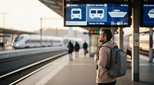 Voyageur avec sac à dos sur un quai de gare européenne regardant le panneau d'affichage des départs avec des symboles de train, bus et ferry
