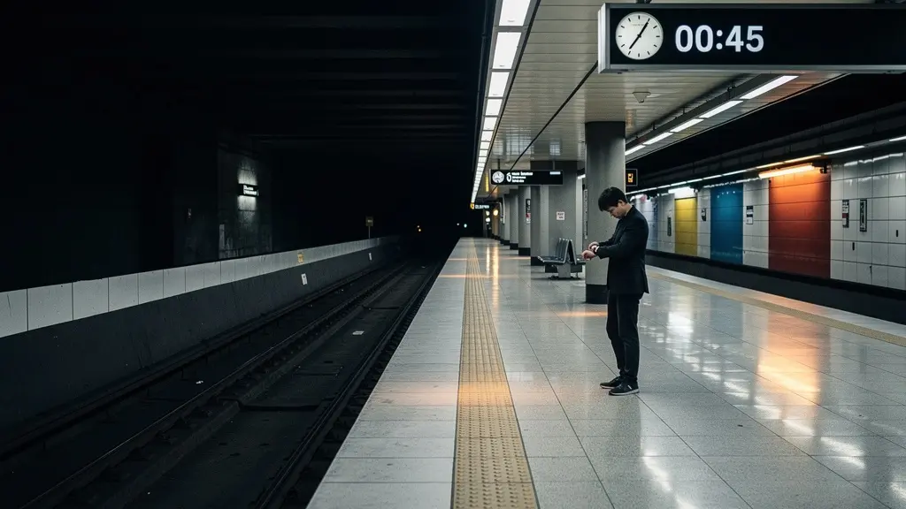 Voyageur vérifiant anxieusement l'heure sur le quai du métro désert la nuit