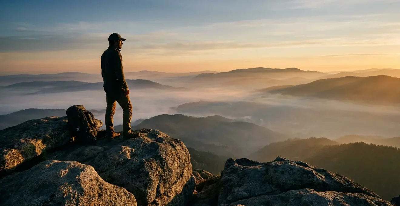 Randonneur au sommet d'une montagne contemplant le lever du soleil sur une vallée brumeuse