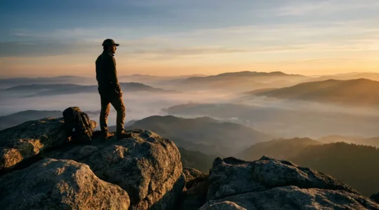 Randonneur au sommet d'une montagne contemplant le lever du soleil sur une vallée brumeuse