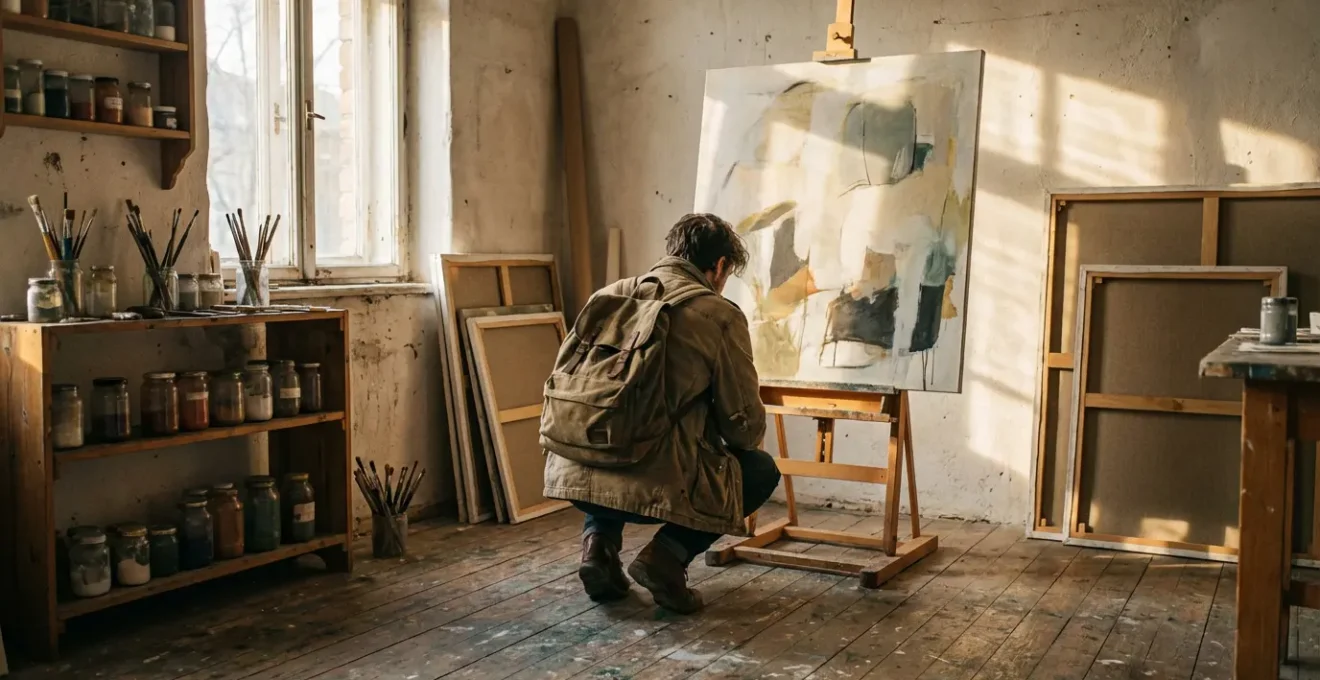 Voyageur admirant une œuvre d'art dans un atelier d'artiste baigné de lumière naturelle