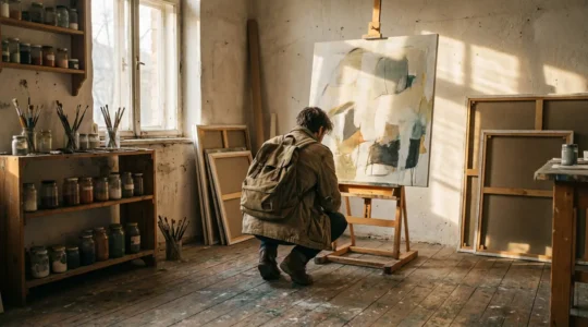 Voyageur admirant une œuvre d'art dans un atelier d'artiste baigné de lumière naturelle