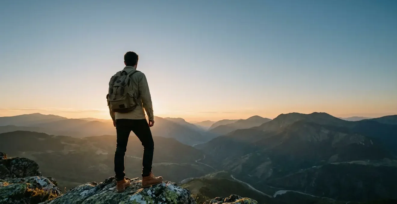 Voyageur avec un petit sac à dos face à un paysage montagneux, incarnant la liberté du voyage minimaliste