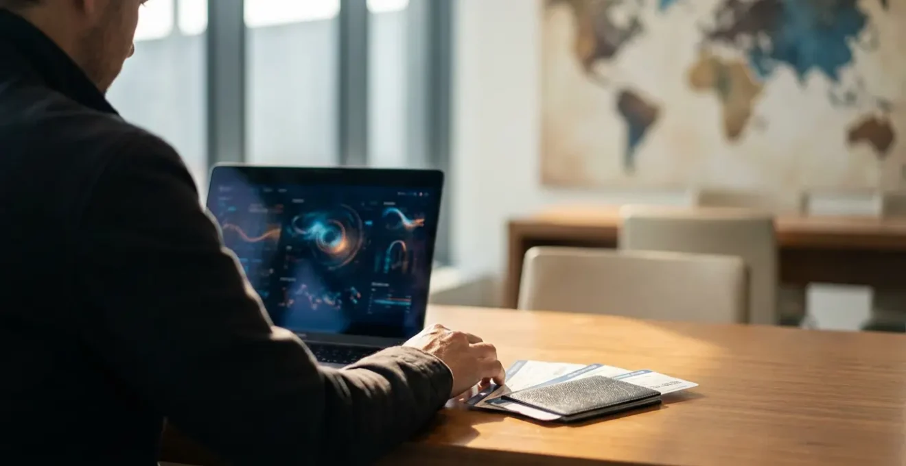 Voyageur consultant des comparateurs de prix sur son ordinateur portable dans un café, avec une carte du monde en arrière-plan