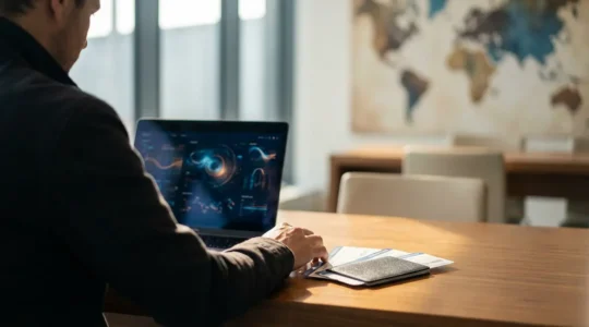 Voyageur consultant des comparateurs de prix sur son ordinateur portable dans un café, avec une carte du monde en arrière-plan