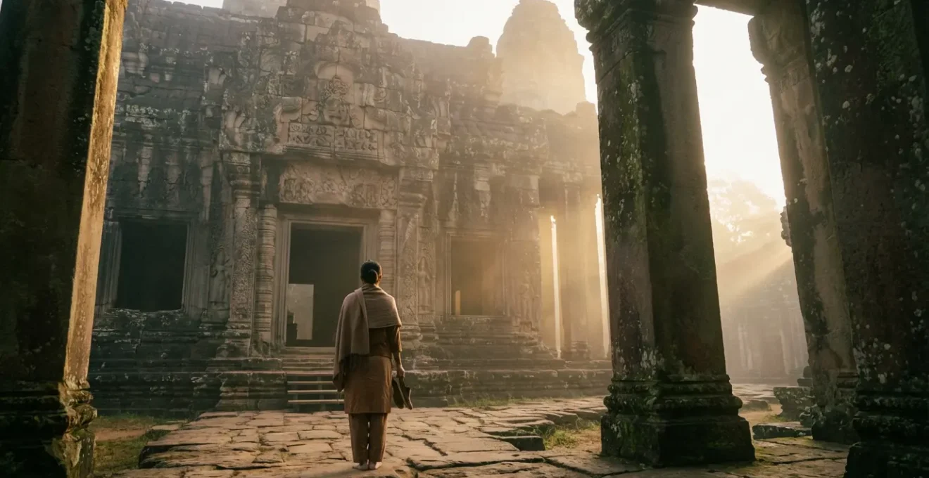 Voyageur occidental en tenue respectueuse devant l'entrée majestueuse d'un temple sacré baigné par la lumière dorée du matin
