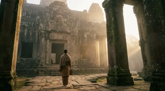 Voyageur occidental en tenue respectueuse devant l'entrée majestueuse d'un temple sacré baigné par la lumière dorée du matin
