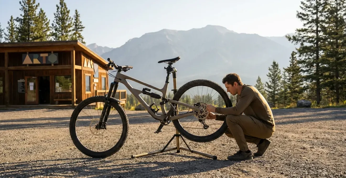 Inspection minutieuse d'un VTT sur le parking d'un loueur de vélos en montagne