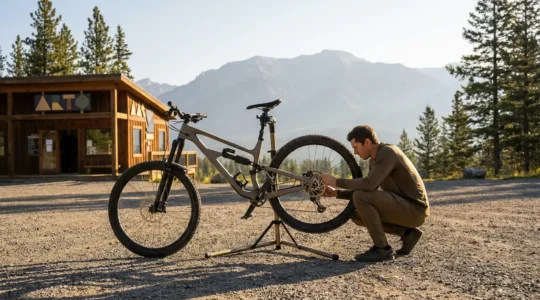 Inspection minutieuse d'un VTT sur le parking d'un loueur de vélos en montagne