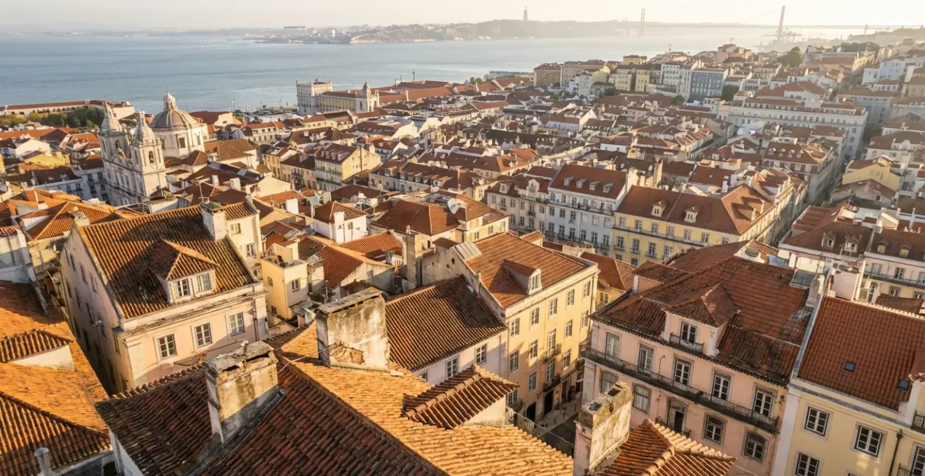 Vue aérienne ensoleillée sur les toits colorés de Lisbonne avec le Tage en arrière-plan